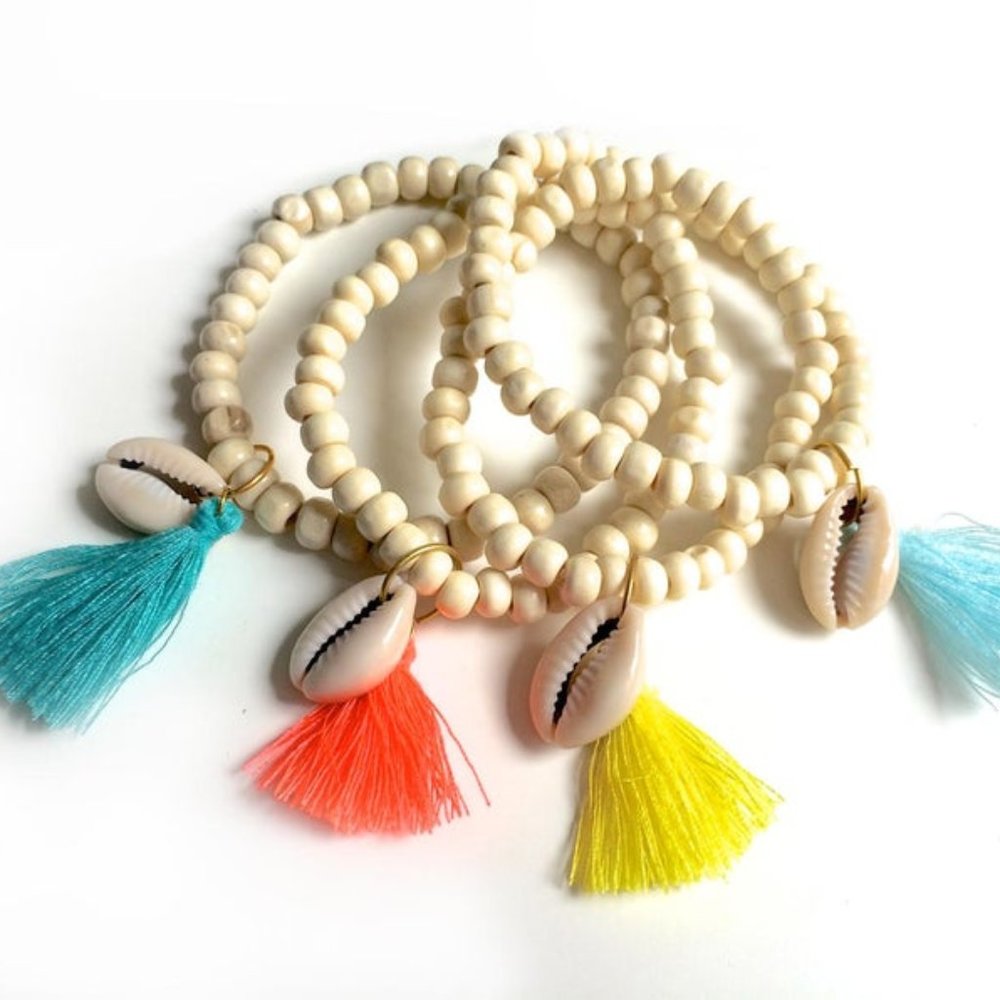 Tassel Shell Light Wood Beaded Mala Bracelets